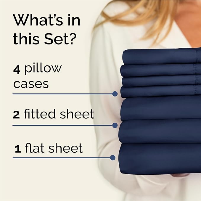 Split King 7 Piece Sheet Set - Cooling & Breathable Bed Sheets - Hotel Luxury Bed Sheets for Women, Men, Kids & Teens - Deep Pockets - Easy Fit - Soft and Wrinkle Free - Split King Navy Blue Sheets