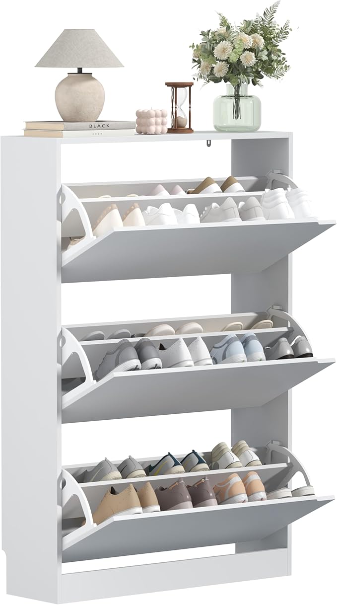 Shoe Cabinet with 3 Flip Drawers, 47" Slim Hidden Wood Shoe Storage Cabinet with Adjustable Shelf, Freestanding Narrow Shoe Rack Organizer for Entryway, Hallway, White