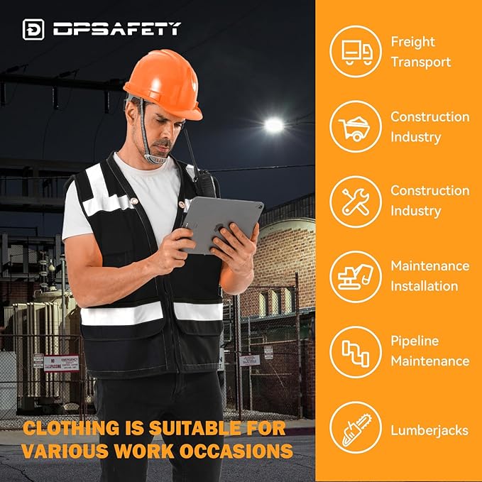 Reflective Safety vest With back plan pocket,High visibility Class 2 Heavy Duty Surveyor Vest with Zipper,Hi Vis Vest ANSI/ISEA Standard, Construction Work Vest for Men＆Women(Black,2XL)