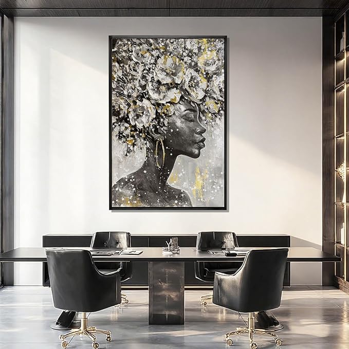 MLART99 Elegant African American Wall Art with Floral Canvas Black Artwork Gold and Black Girl Wall Decor -40x60 Inch Contemporary Print for Living Room Entryway