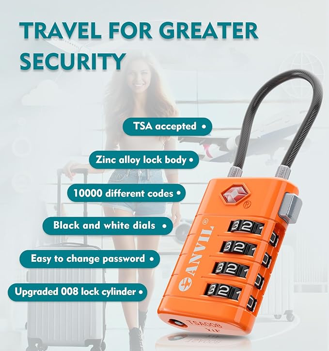 ANVIL TSA Approved Luggage Locks, 4 Digit Combination Travel Suitcase Locks with TSA008 Core and Open Alert Indicator, Zinc Alloy Body. (4, Orange)