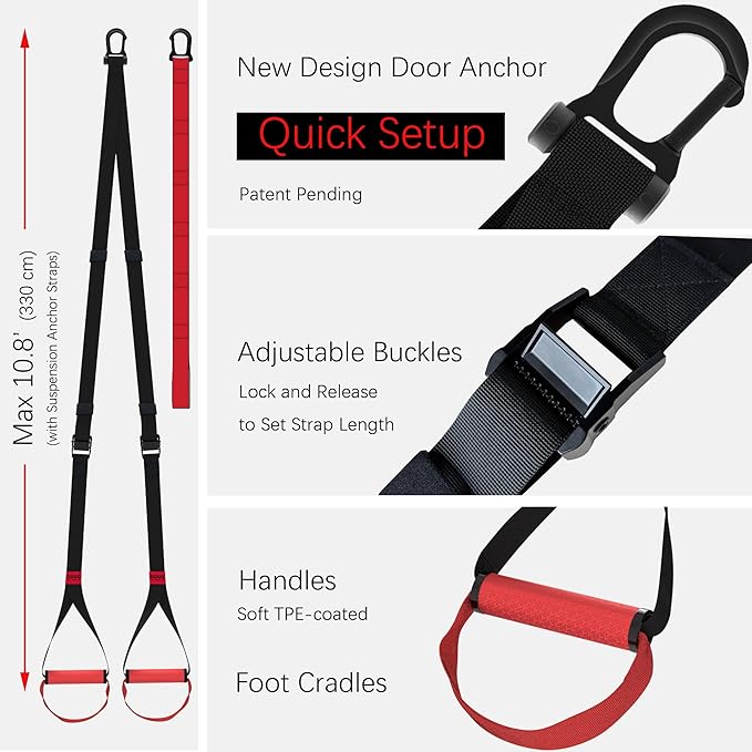 Suspension Straps Trainer for Home Gym – Integrated Door Anchor for 1-Second Setup, Bodyweight Fitness All in One Workout for Full Body, with Safety Sign, Big Poster&Mess Bag