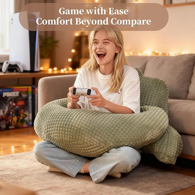 Reading Pillow for Bed,U Shaped & Back Support Pillow for Bed,19" Backrest with Lumbar & Arm Support,Comfy Flannel Fabric,Lap Pillow for Gaming/Reading/Watching TV,Green