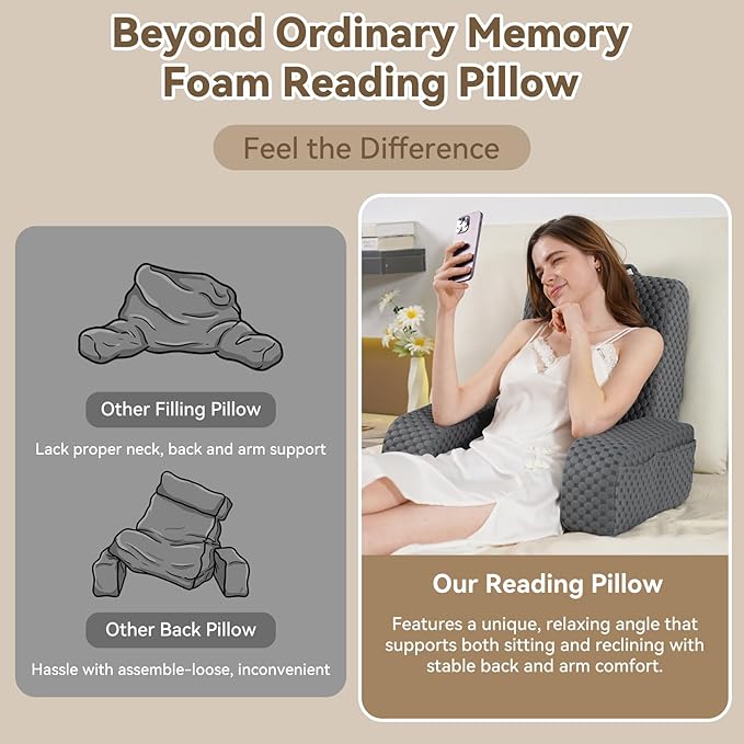 Bed Reading Pillow Back Support with Arms, Removable Pillowcase for Book Working Gaming Resting Watching TV, White Gray/20in