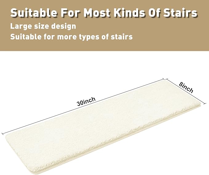 PURE ERA Carpet Stair Treads Ultra Plush Soft Indoor Stair Protectors Pet-Friendly Non-Slip Skid Resistant Tape Free Washable Reusable 8 x 30 inch (2 Pieces,White)