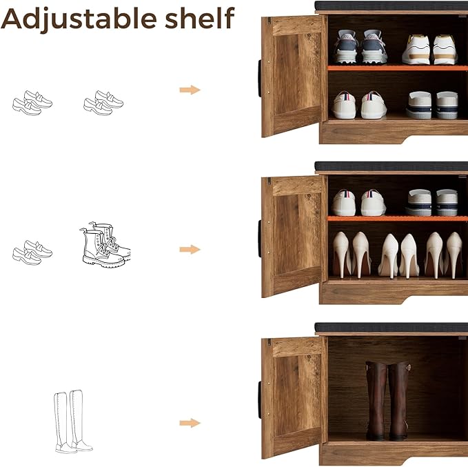2-Tier Storage Bench, 47.2" Wide Shoe Bench with Padded Seat Cushion, Entryway Bench with 4 Barn Doors and Adjustable Shelf, Rustic Walnut