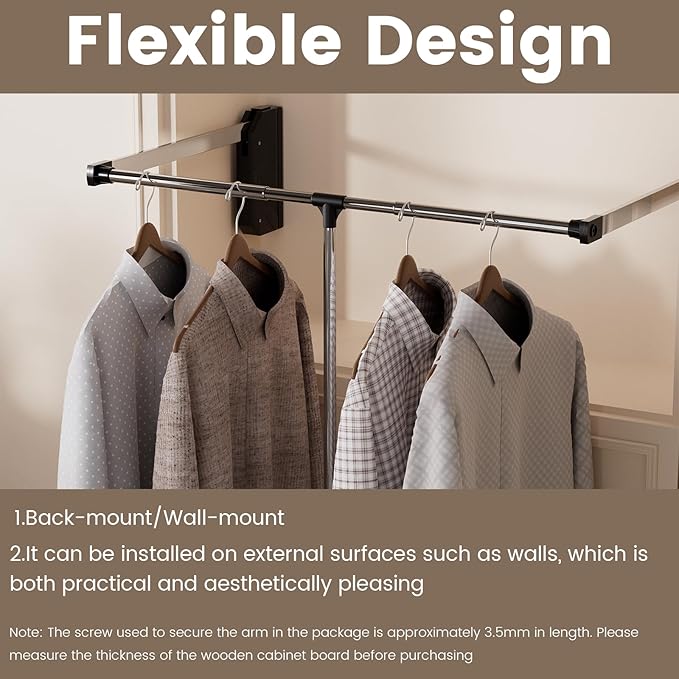 Pull Down Closet Rod 33-47 Inches Adjustable - Stainless Steel Soft-Close Wardrobe Lift Rail with Two-Way Buffering, Space-Saving Back Mount Closet Organizer