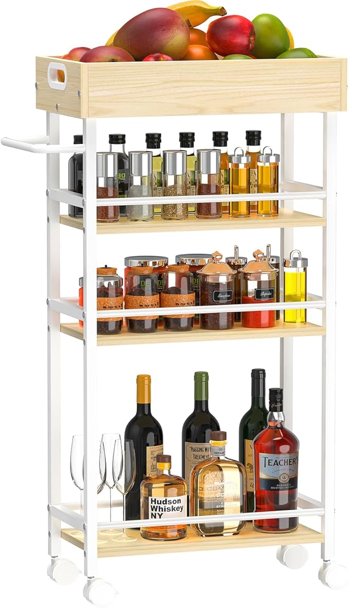 Slim Storage Cart, 4 Tier Rolling Cart with Handle, Kitchen Cart on Wheels, Metal Frame Narrow Cart for Small Spaces for Dining Room, Bathroom, Laundry Room, Office White