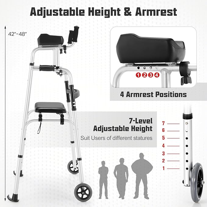 Folding Walkers for Seniors, Upright Walker with Seat, Removable Arm Support & 5" Wheels, Height Adjustable Platform Walker Mobility Aid for Elderly
