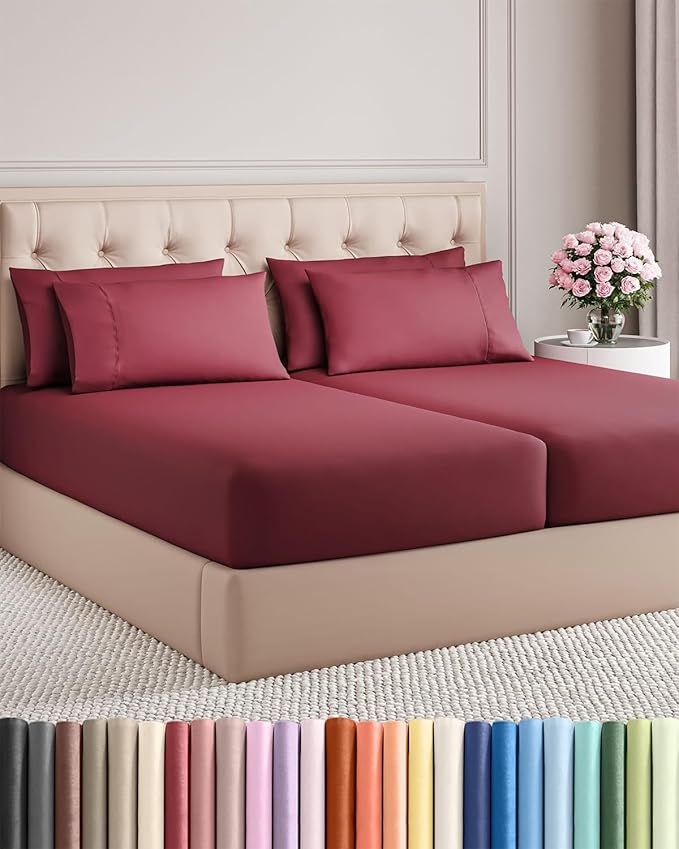 Split King 7 Piece Sheet Set - Cooling and Breathable Bed Sheets - Hotel Luxury Bed Sheets for Women, Men, Kids & Teens - Deep Pockets - Easy Fit - Soft and Wrinkle Free - Split King Burgundy Sheets