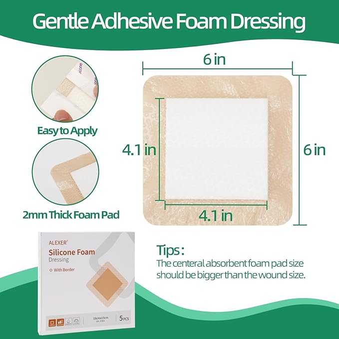 Jointown Foam Wound Care Dressing, Adhesive Silicone Foam Dressing with Border, Waterproof Bed Sore Bandages, 6"x6", 5 PCS