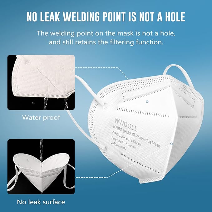 WWDOLL KN95 Face Mask 50 Pack, KN95 Masks 5-Layer Breathable Mask with Elastic Earloop and Nose Bridge Clip, Disposable Respirator Protection Against PM2.5 White