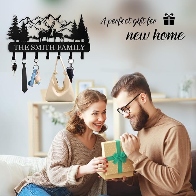 Personalized Key Holder for Wall - Custom Name Forest Deer Coat Rack Mount With Hooks, Metal Key Holder Decor, Key Hanger for Bedroom Kitchen Office