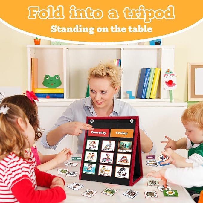 Visual Schedule for Kids Chore Chart，2 in 1 Daily Schedule Board Routine Pocket Chart Cards for Toddlers,Autism Learning Materials Tool Wall Planner for Home School with 103 Cards （Black）