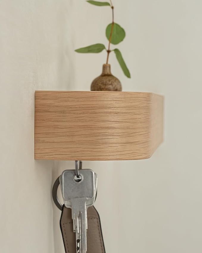 Kazai. Key Holder 'Toke' | Minimalist Key Hook Design from Berlin | Modern Key Holder Wall Mount with Wooden Shelf | Key Rack for Wall as Entryway Organizer | Oak, White