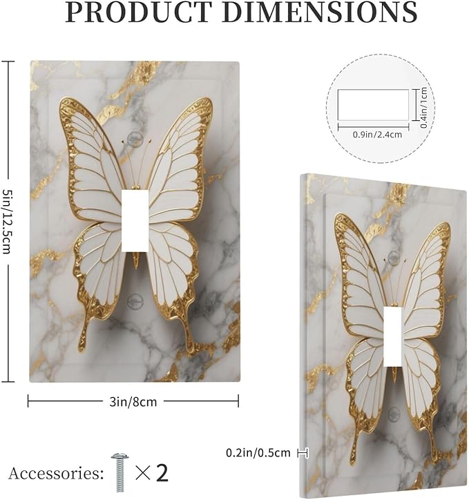 Gold Marble Shine Butterfly Abstract Modern Print Decorative Light Switch Cover 1 Gang Single Toggle Device Electrical Faceplate Switchplates Decorator Outlet Wall Plate for Bed Room Bathroom Decor