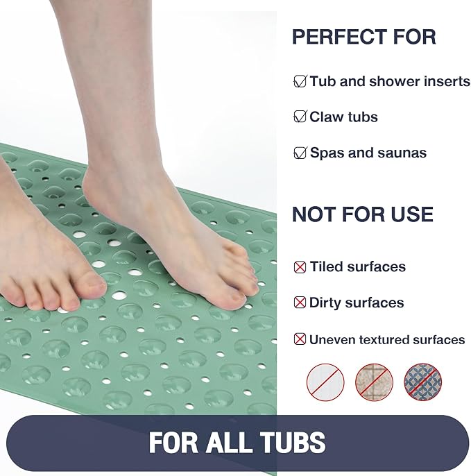 Extra Long Bathtub Mat Non Slip, MARRS Green Soft Bath Mat for Tub 40 x 16 Inch Full Size, Bath Tub Shower Mats for Bathroom Floor, Big Suction Cups and Drain Holes, Easy Washable, BPA Free