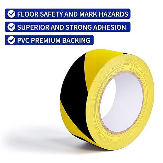 TAPEBEAR Hazard Caution Tape, 2inch x 150 Feet(50yds) Self Adhesive Warning Tape for Steps, High Visibility Yellow Black Tape for Outdoor Construction Warning, Danger Zone, 5Rolls