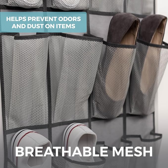 HOME GENIE Over the Door Hanging Shoe Organizer, 2 Pack, 24 Breathable Mesh Pockets, Closet Rack Storage Holder Stay in Place Hooks Hang on Closets, Hanger Holds Up to 40 lbs, Shoes, Accessories, Gray