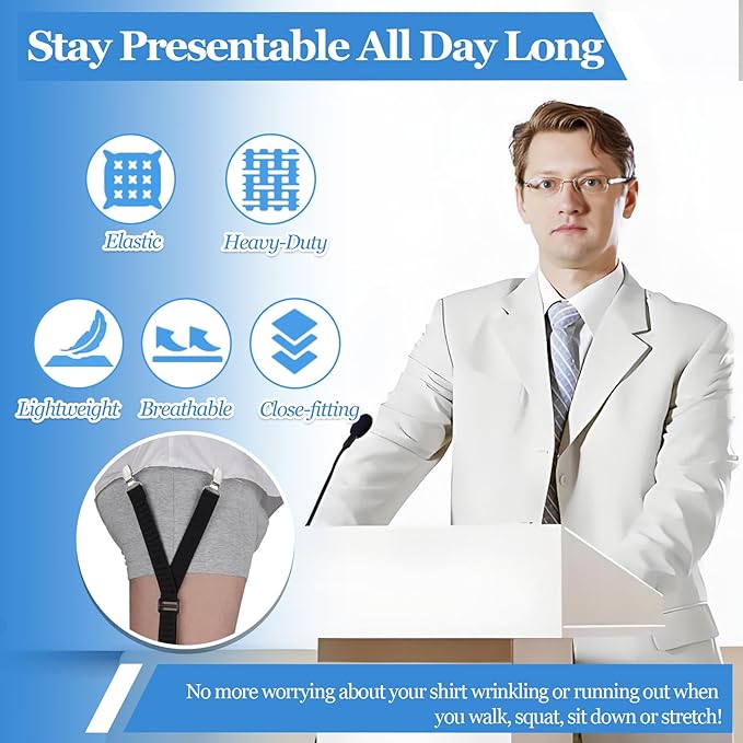 STAY GENT Y-Style Shirt Stays For Men with Non-Slip Locking Clamps and Adjustable Elastic Straps