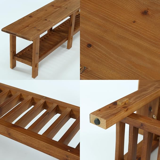 LITTLE TREE Solid Wood Entryway Bench, 63" End of Bed Bench with Shoe Storage Rack, Farmhouse Narrow Seating for Bedroom, Living Room, Entry, Front Door, Entrance, Window, Hallway, Foyer, Rustic Brown