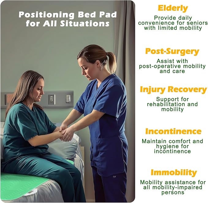 Positioning Bed Pad with Handles - Quick Drying Bed Pads with 8 Reinforced Handles, Washable Waterproof Reusable Pads for Elderly, Bedridden, Turning, Lifting, Transferring 34" × 36", 2Pack
