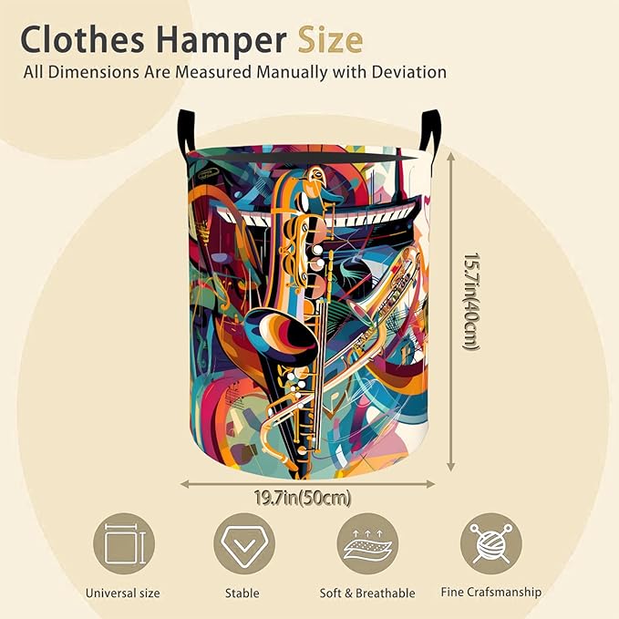 Colorful Jazz Music Laundry Basket Hamper for Boys Girls Kids Adults, Foldable Waterproof Oxford Clothes Storage Bin, Abstract Saxophone Organizer for Bedroom Bathroom Room Decor 19.7"x15.8"
