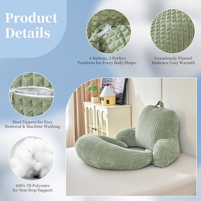 Reading Pillow for Bed,U Shaped & Back Support Pillow for Bed,19" Backrest with Lumbar & Arm Support,Comfy Flannel Fabric,Lap Pillow for Gaming/Reading/Watching TV,Green