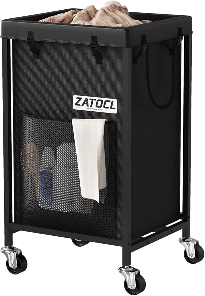 42 Gal Laundry Basket with Wheels, Heavy Duty Rolling Laundry Hamper, Oxford Fabric Dirty Clothes Hamper with Thick Iron Frame & Removable Bag, Large Hampers for Bathroom Bedroom Aesthetic, Black