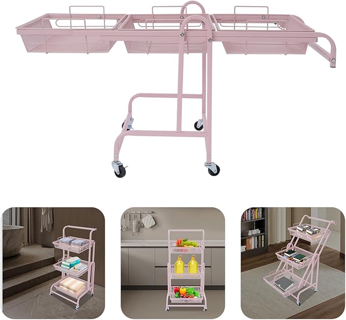 3 Tier Rolling Utility Cart with Wheels, Metal Rolling Foldable Storage Shelves, Adjustable Tilt Angle Storage Organizer for Living Rooms, Kitchens, Bathrooms (Pink)