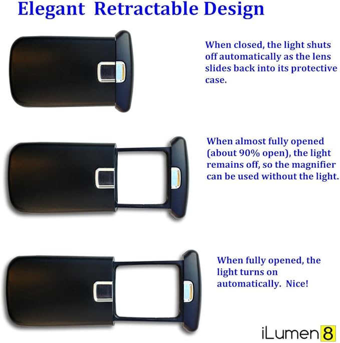 Best Pocket Magnifying Glass by iLumen8-3X Small Magnifier with Lights. Great for Seniors, Kids, Travel. Fits into Purse or Pocket Read Maps, Menu, Jewelry, Coins Hobby Stamps. Lighted Low Vision Aid