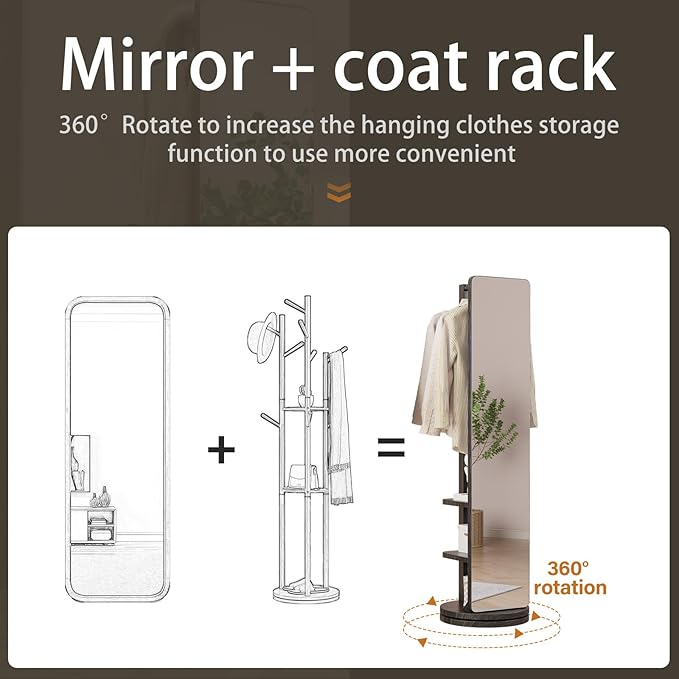 WoodsWhisper Full Length Mirror Coat Rack Solid Wood Floor Mirror 66"x12" Full Length Mirror with Stand Long Mirrors for Bedroom,Living Room