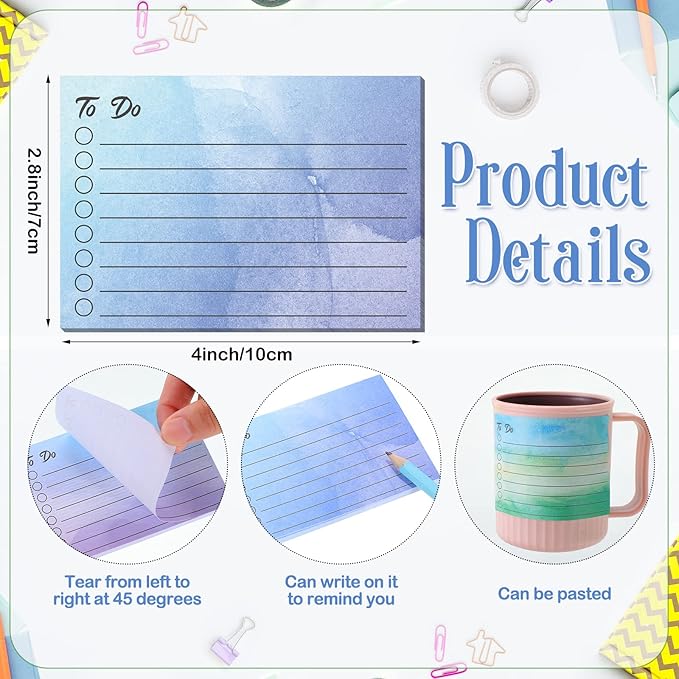 Pajean 9 Pcs/450 Sheet to Do List Sticky Note 3x4 Inch Self Stick Pads with Line Colored Planner Sticky Note Adhesive Memo for Office, Meeting, School, Study, Home Reminder (Watercolor)