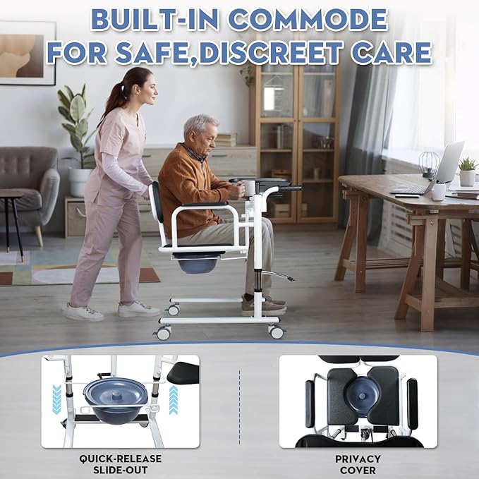 Drexo Patient Lift Transfer Chair, 5 in 1 Patient Lift Chair with 180°Split Seat, Height Adjustable Patient Transfer Chair with 4 Casters for Home Seniors Elderly, Load 450Lbs (Non-Fold, Silver)