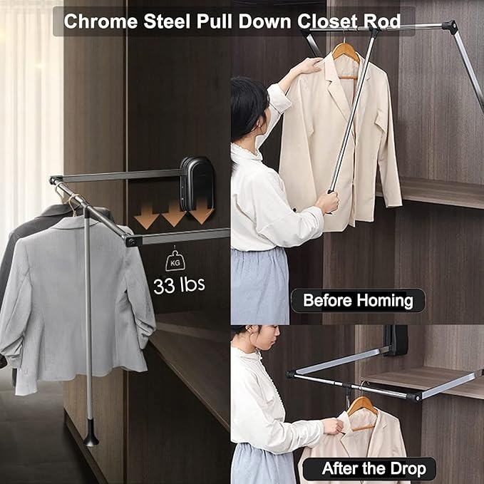 uyoyous Pull Down Closet Rod, 32.67-45.27'' Width Adjustable Wardrobe Rail for Hanging Clothes, Chrome Steel Expanding Closet Rods for Home