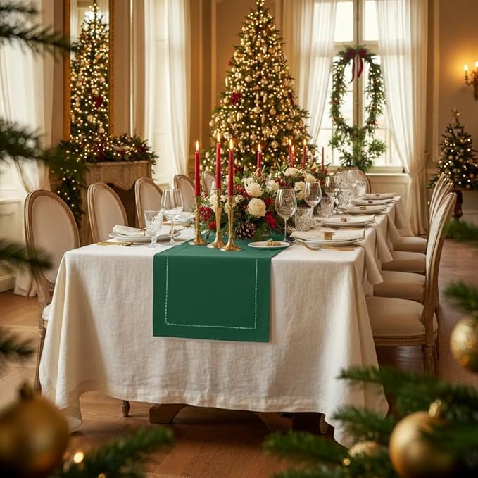 D'Moksha Homes Linen Forest Green Table Runner 90 Inches Long - Classic Hemstitch 100% Pure Linen Dining Table Runner 14 x 90 Inch for St Patricks Day, Easter