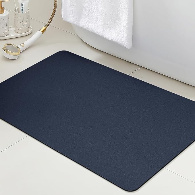 ACCUMTEK Ultra Thin Bath Mat, Upgrade Backing Non Slip Thin Bath Mats Fit Under Door, Quick Dry Ultra Absorbent Bathroom Rugs, Machine Washable Bath Rugs for Bathroom, Bathtub, Dark Blue/Solid/36 x24