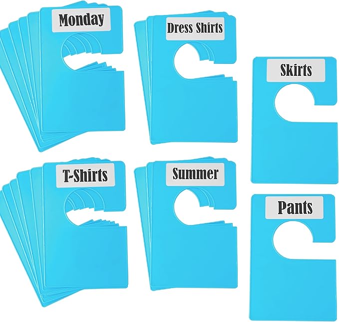 20 Pack White Clothing Rack Size Dividers Plus 45 Labels (1 Inch) and 18 Large Blank Labels, Large Rectangular Clothing Closet Dividers (Blue)