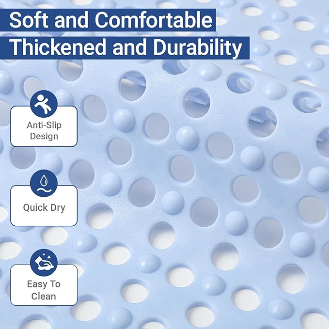 Non Slip Bathtub Mat and Shower Mat 31x17 inch,Bath Mat with Quick Dry Drain Holes and Suction Cups, Soft Comfortable Safe Bathroom Mat for Bath Tub, Floor, Tile (Light Blue)