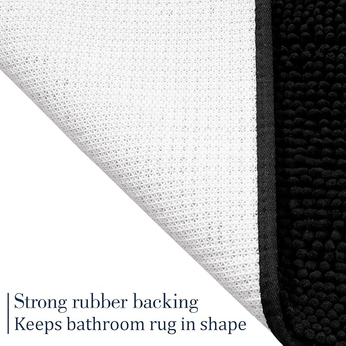 LOCHAS Luxury Bathroom Rug Shaggy Bath Mat 24 x 17 Inch, Washable Non Slip Bath Rugs for Bathroom Shower, Soft Plush Chenille Absorbent Carpets Mats, Black