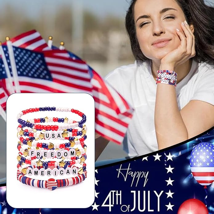 Independence Day Gifts for Women Men Teens Red White Blue Clay Beaded Stackable Stretch Bracelets USA Patriotic Jewelry 4th of July Accessories