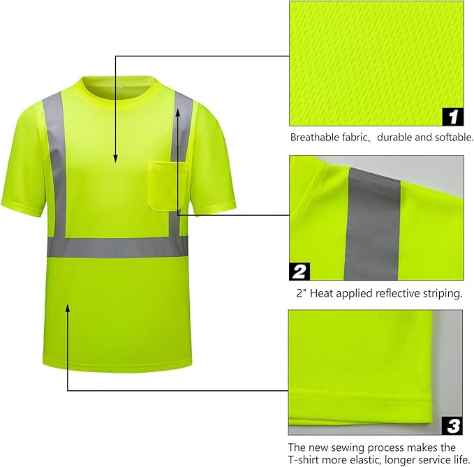 High Visibility Shirts Quick Dry Safety T Shirts with Reflective Strips and Pocket Short Sleeve Mesh Hi Vis Construction Work Class 2 Shirt for Men/Women Lime,2XL