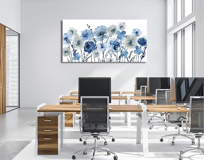 VEAEE Flowers Canvas Wall Art - Indigo Floral Canvas Pictures Living Room Wall Decor Botanical Canvas Prints Painting Abstract Artwork Bedroom Office Home Decor 29"x 58"