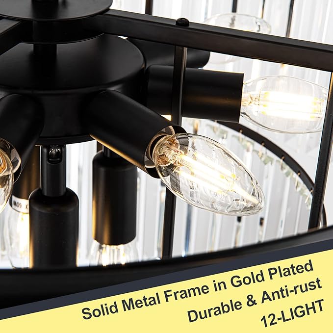 12 Lights 23.64" Black Modern Crystal Chandelier Crystal Pendant Ceiling Light Fixture 3-Tier Hanging Lighting for Dinning Room Bedroom Living Room Foyer