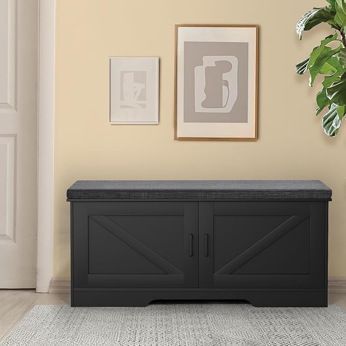 2-Tier Storage Bench, 39.4" Wide Shoe Bench with Padded Seat Cushion, Entryway Bench with 2 Barn Doors and Adjustable Shelf, Black