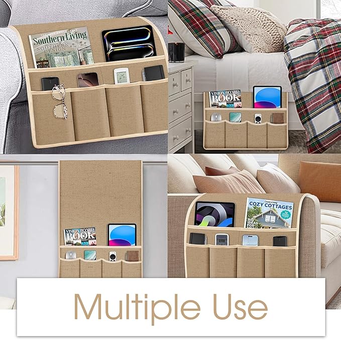 Joywell Armrest Organizer Remote Holder for Recliner Armchair Caddy Couch Sofa Arm Chair Caddie with 6 Pocket Storage for Magazine, iPad, Phone,Camel