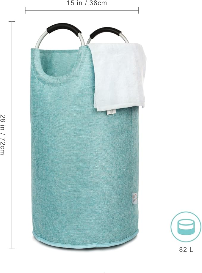 Small Laundry Hamper Bag Collapsible, Tall Laundry Basket with Durable Handles, Dirty Clothes Hampers for Bedroom, College Dorm, Girls, Women, Heavy Duty, Double Layer 82L - Light Blue