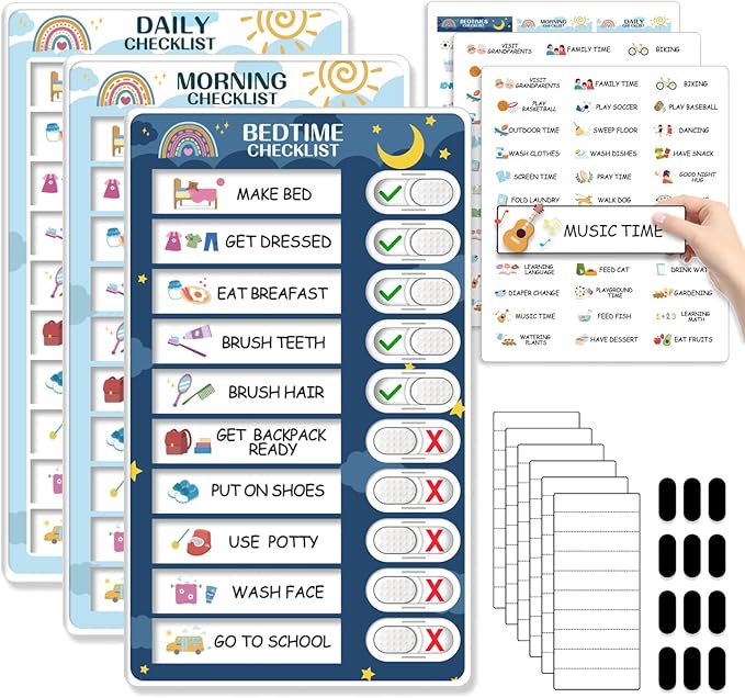 3 in 1 Bedtime/Morning/Daily Routine Chart for Kids, Magnetic Chore Chart for Kids, Visual Schedule for Kids Toddlers for to Do List