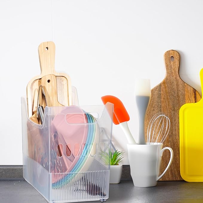 4 Pcs Plastic Freezer Organizer Bins with Wheel Tall Narrow Kitchen Pantry Organizer Snack Storage Containers for Office Refrigerator(10 x 12.5 x 6.7 Inch)