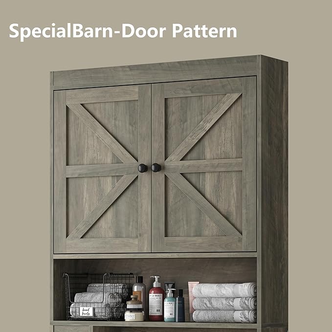 Furnideco 32.3''W Over The Toilet Storage Cabinet with Barn Doors, Over Toilet Shelf Farmhouse Storage Cabinet Space Saver with Toilet Paper Holder & Adjustable Bottom Bar, Gray